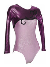 Long sleeve Gymnastics Leotard with Violet sleeves up to neck and bottom in Mauve and on the chest is a Black Curls