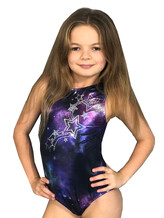 Sleeveless galaxy Gymnastics Leotard with yellow star pattern