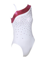 Sleeveless Gymnastics Leotard in white and red with swirl and silver sequince pattern