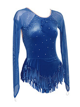 Rhythmic, Ice Skating or Roller blading Long Sleeve Leotard Dress in Royal with sleeves in Mesh and Silver sequin and details