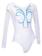 Long sleeve Gymnastics Leotard in White with a V-neck and a Turquoise drawn curl like a deer