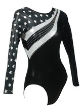 Long sleeve Gymnastics Leotard with Silver stars on sleeves to neck and sequin dots Black and Silver