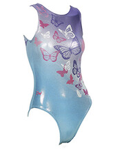 Sleeveless Gymnastics Leotard with butterfly pattern on front in purple, silver, blue, pink and white metallic fabric