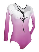 Long Sleeve Gymnastics Leotard with colour fade of Sweetpea and White with Black spiral in middle and crystals around neck line