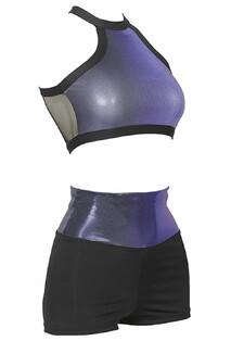 2 Piece Set Gymnastics Croptop round neck with Black outline and Indigo neck with the Hotpants waist in Indigo with Black 