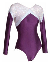 Long sleeve Gymnastics Leotard with Purple sleeves and White outlined with top shoulder and chest in Silver and bottom fully Purple