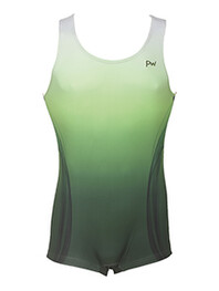 Men's and Boys Unitards Gymnastics in Green with bottom sides in Black curve stripes and top neck and shoulder fade in White