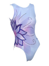 Sleeveless Gymnastics Leotard with flower pattern in lavender purple with silver sequins spiral
