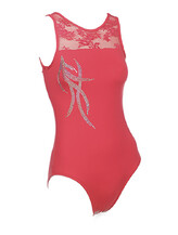 Sleeveless Gymnastics Leotard with lace top in rose red with silver pattern