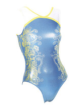 Sleeveless Gymnastics Leotard in yellow blue and white with swirl pattern