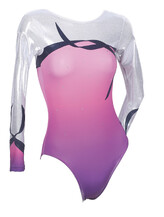 Long sleeve Gymnastics Leotard with Silver sleeves and around neck on the bottom faded colours of Berry and a slight curve curl drawn in dark Purple on top chest and bottom sleeves