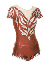 Rhythmic, Ice Skating or Roller blading Cap Sleeve Leotard dress in Ruby Red and Cream with a curl Eucalyptus and silver sequin and details