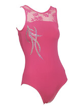 Sleeveless Gymnastics Leotard with lace top in raspberry with silver pattern