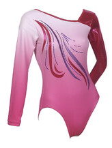 Long Sleeve Gymnastics Leotard with colour fade of Pink and White with Raspberry and Purple spiral and Silver spiral sequins