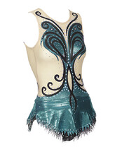 Rhythmic, Ice Skating or Roller blading Leotard Dress in Teal with curl swirls in Black and Cream background with Silver sequin and details
