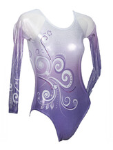 Long sleeve Gymnastics leotard with curl spirals on sleeves and faded colours of Purple and white Amethyst