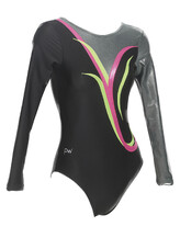 Long sleeve Gymnastics Leotard with Black, Green and Pink straight and slight curl with the right sleeve Black and left sleeve Mesh