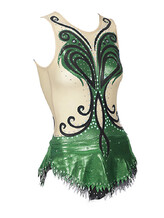 Rhythmic, Ice Skating or Roller blading Leotard Dress in Kelly Green with curl swirls in Black and Cream background with Silver sequin and details