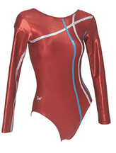 Long sleeve Gymnastics Leotard fully Red with Silver and Turquoise long lines