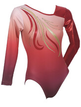 Long Sleeve Gymnastics Leotard with Red and Gold spirals and Silver Sequin spiral with a colour fade of Maroon and Boysenberry