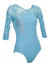 Long sleeve Gymnastics Leotard fully Turquoise with a Silver sequin spiral on the right top side covered with lace on sleeves and upper neck