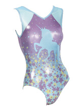 Sleeveless Gymnastics Leotard with stars and unicorn pattern in purple, yellow and blue