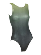 Sleeveless Gymnastics Leotard with colour fade from lime green to dark green with metallic fabric