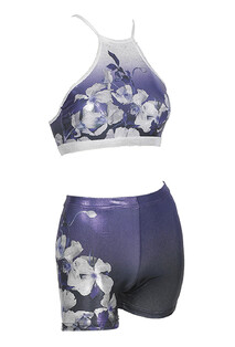 Spaghetti Strap 2 piece Set Gymnastics with faded colours of Purple and White the croptop is White outlined with flowers on and Hotpants Purple Clematis