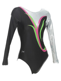 Long sleeve Gymnastics Leotard with Black, Green and Pink straight and slight curl with the right sleeve Black and left sleeve Mesh