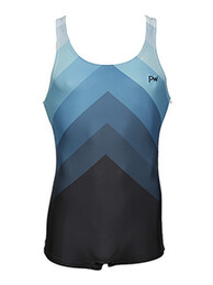 Men's and Boys Unitards Gymnastics in Blue with different shades of Blue in triangle arrow shape upwards and details