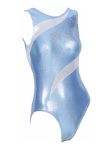 Sleeveless Gymnastics Leotard in blue with silver snowflake pattern and white pattern