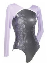 Sleeveless Gymnastics Leotard in Purple with upper right side in sequin and left in soft material with Silver sequin dots in detail