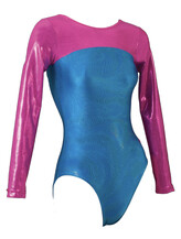 Long sleeve Gymnastics Leotard with Purple Sleeves wrapped round neck and Bottom covered in Blue