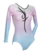 Long Sleeve Gymnastics Leotard with colour fade of blue and Pink with Black spiral in middle with crystals around neck