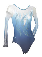 Long Sleeve Gymnastics Leotard with Silver sequin spiral flames and colour fade of White and Blue Sky