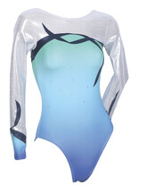 Long sleeve Gymnastics Leotard with Silver sleeves and around neck on the bottom faded colours of Blues and curve drawn on top chest and sleeves