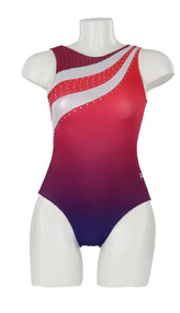Sleeveless Gymnastics Leotard in purple, yellow and blue with spike pattern