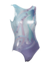 Sleeveless Gymnastics Leotard with mermaid pattern on front in purple and blue metallic fabric
