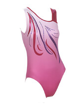 Sleeveless Gymnastics Leotard faded from white to pink with purple and pink swirl pattern