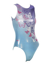 Sleeveless Gymnastics Leotard with butterfly pattern on front in purple, silver, blue, pink and white metallic fabric