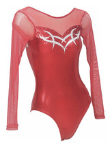 Long sleeve Gymnastics Leotard fully Red with Sleeves and Neck in Mesh and below on chest with Silver curls curve and Sequin dots