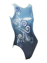 Sleeveless Gymnastics Leotard with colour fade from sky blue to dark blue with white and blue swirl pattern