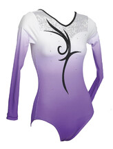 Long Sleeve Gymnastics Leotard with colour fade of Purple and White and Black spiral in the middle and crystals around neck line