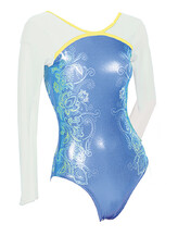 Long sleeve Gymnastics Leotard covered in White Sleeves outline with Yellow around neck and chest with the bottom covered in Turquoise and Flowers drawn in White on both sides