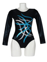 Long sleeve Gymnastics Leotard with Sleeves and neck in Yellow decorated with a White curl swirl and bottom half of leotard in Gunmetal