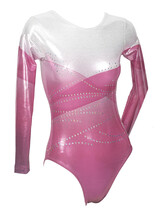 Long sleeve Gymnastics Leotard with faded colours of Pink and Raspberry mixed on Top Chest covered in White with Silver sequins in zigzag Raspberry