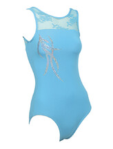 Sleeveless Gymnastics Leotard with lace top in turquoise blue with silver pattern