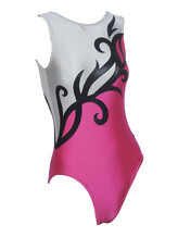 Sleeveless Gymnastics Leotard in White and Raspberry with Black curl swirls from the top right shoulder strap downwards across the side hip