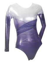 Long sleeve Gymnastics Leotard with faded colours of light and dark Purples while on Top Chest covered in White with Silver sequins in zigzag Amethyst