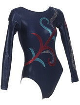 Long sleeve Gymnastics Leotard with a scoop neck in Black and Red, Turquoise and Silver drawn plant